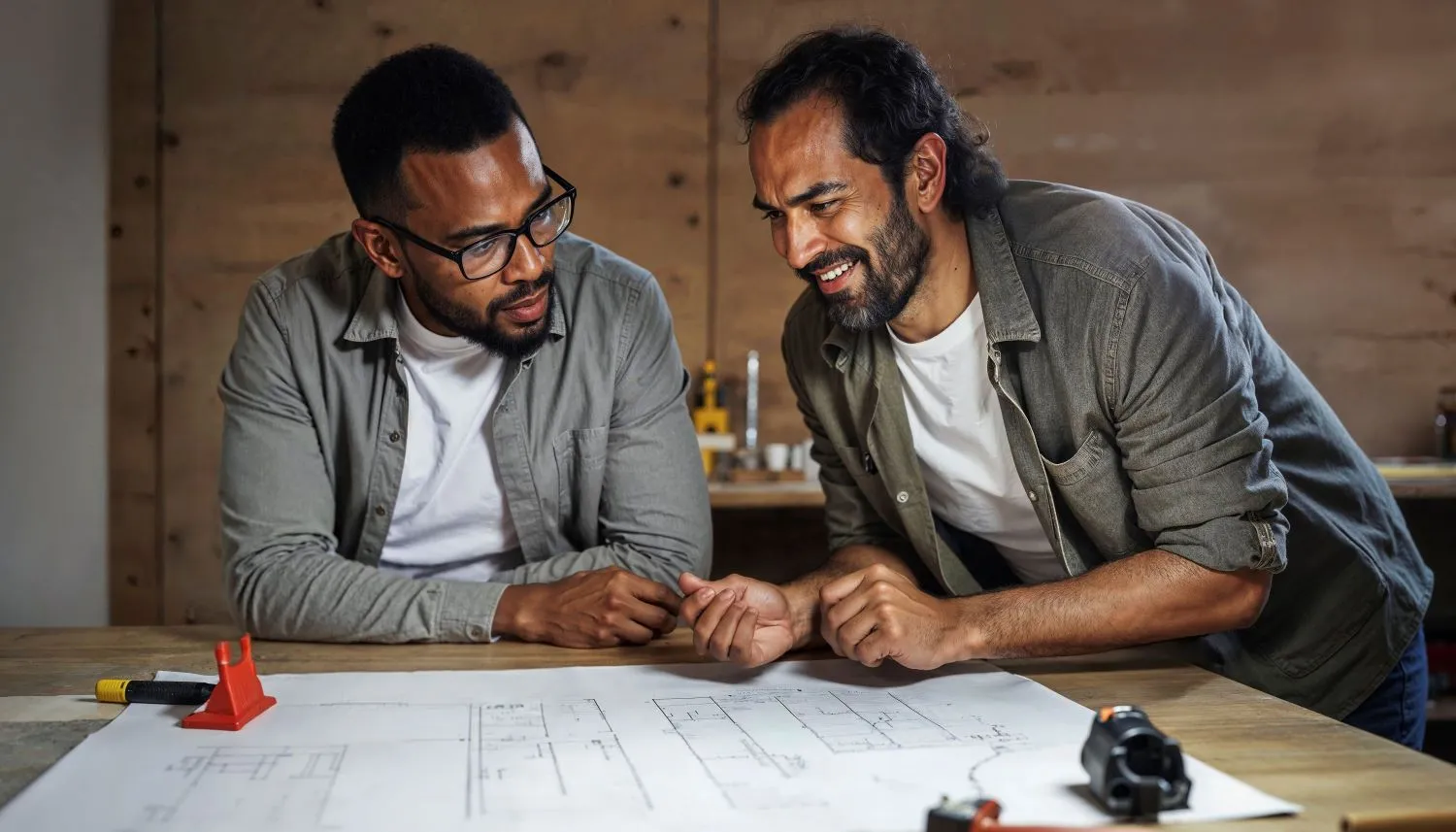 people working out construction plan